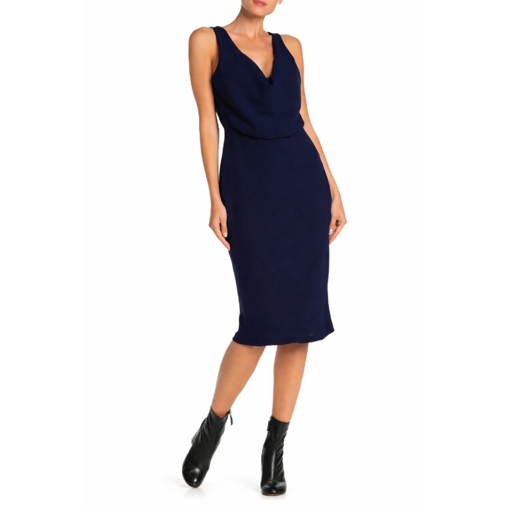 Jarbo Drape Cowlneck Sleeveless Sheath Midi Dress Navy Blue Size 2 (US 8)